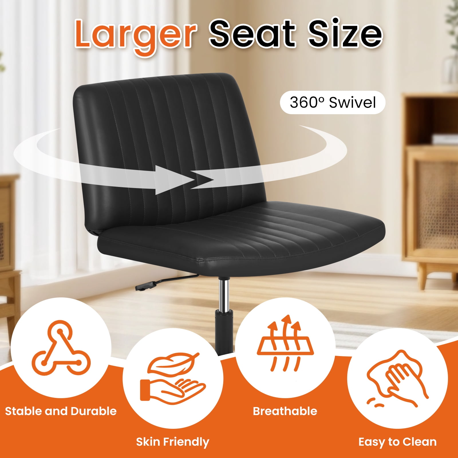 Dkelincs Criss Cross Chair Adjustable Wide Computer Desk Chair Armless Vanity Chair Modern Task Chair No Wheels, Black