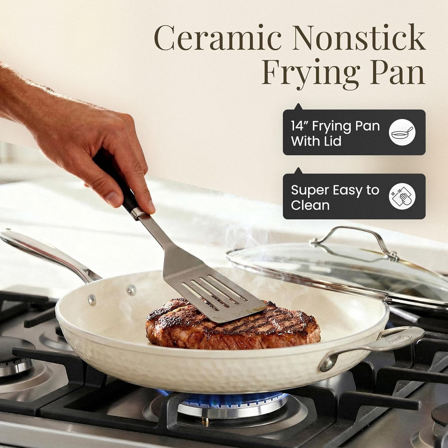 Hammered 14 Inch Non Stick Frying Pan with Lid, Extra Large Nonstick Cookware for Family Meals