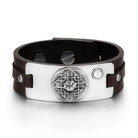 White Knotted Leather - Wolf Paw Celtic Shield Knot Magic Amulet Tag White Simulated Cats Eye Adjustable Brown Leather Bracelet