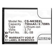 Replacement Battery for Nokia 2610,3220,3230,5070,5140,5140i,5200,5300,5300 XpressMusic,5320 XpressMusic,5500,5500 Sport,6020,BL-5B,3.7V/750mAh