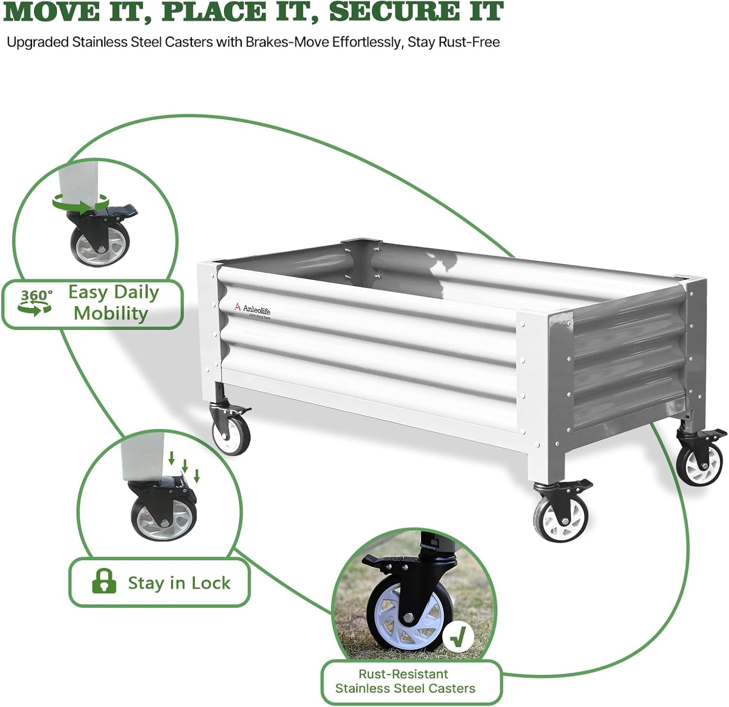A ANLEOLIFE Low Profile Elevated Garden Bed 4ft x 2ft - 22in Raised Planter Box with Legs with Stainless Steel Caster, Extra Spacious for Gardening Vegetables Flowers, 600lb Capacity, Antique White