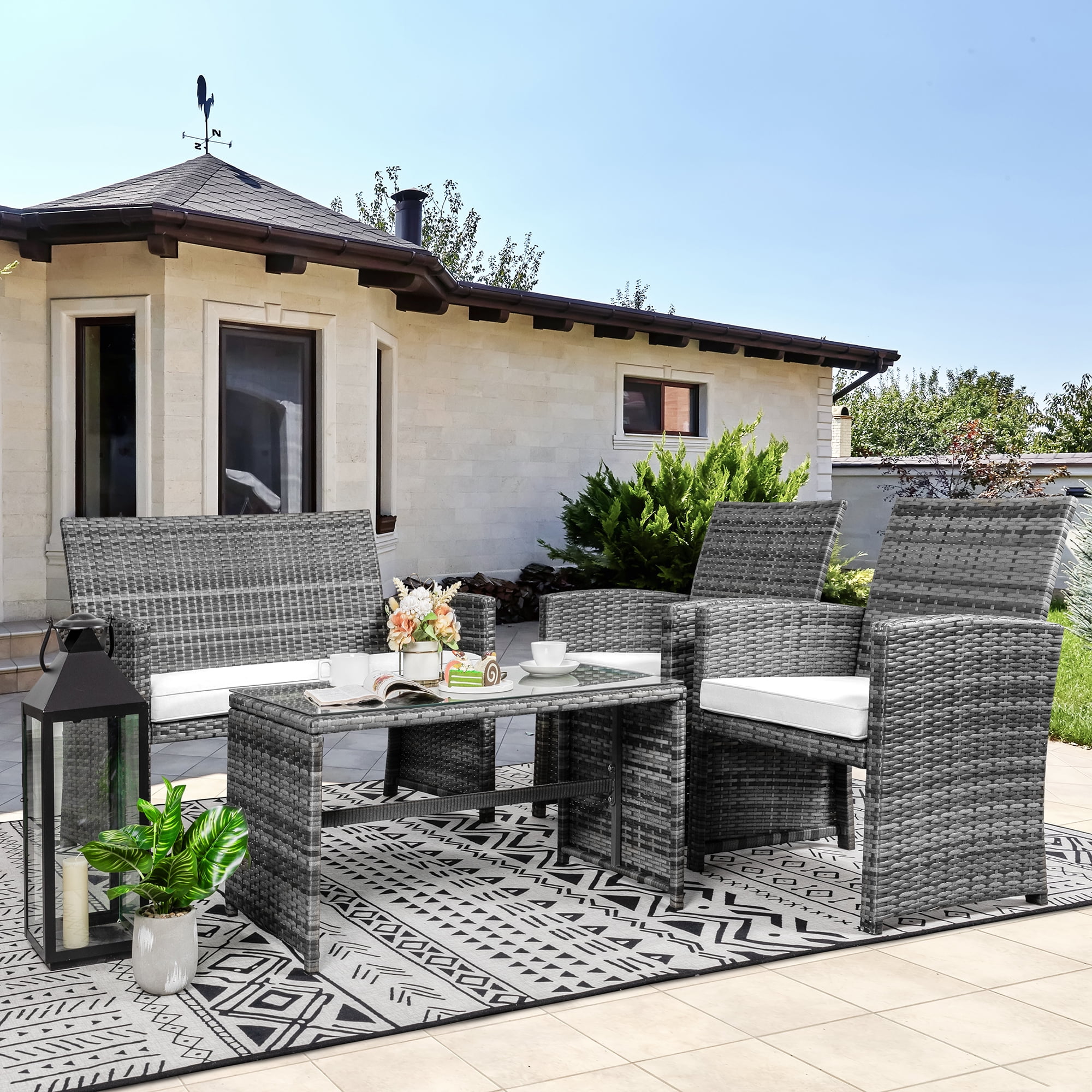 Walsunny Outdoor Patio Rattan Wicker Furniture Conversation Set 4 Piece with Cushions Tempered Glass Tabletop,White