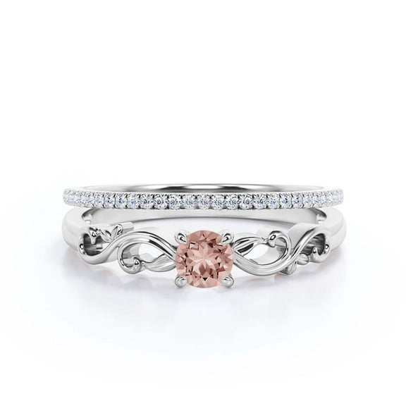 Art Nouvea Twisted 1.00 Carat Round Cut Morganite And Diamond Moissanite Engagement Ring, Antique Design Wedding Ring in 925 Sterling Silver With 18k White Gold Plating, Bridal Set, Matching Band