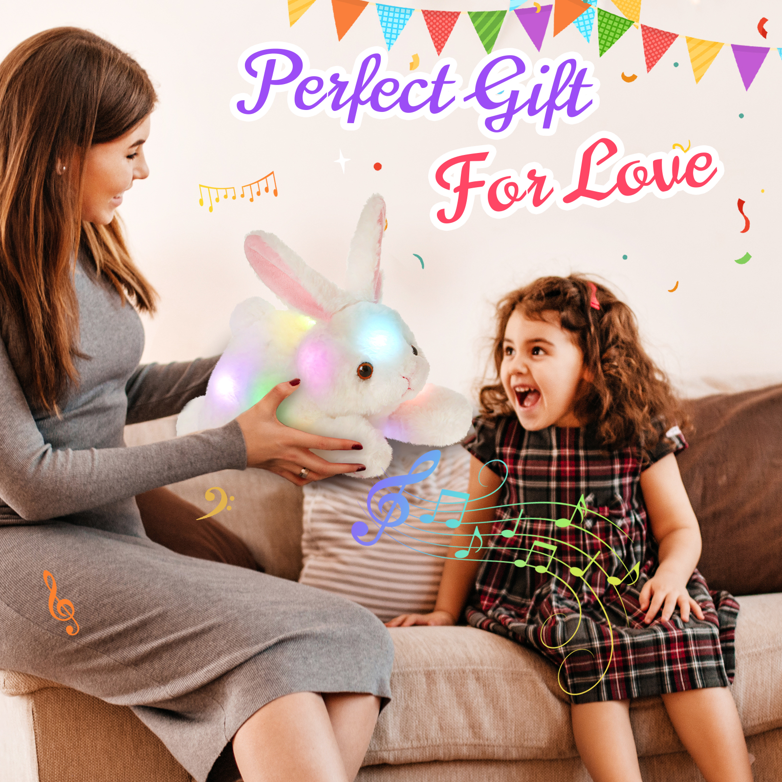 SpecialYouGlowing Music Party Plush Rabbit Toy, LED Night Light Singing Soothing Music Plush Rabbit Toy, Suitable for Toddlers and Children's Christmas Birthday Gifts