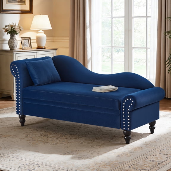 Modern Velvet Chaise Lounge with Storage, Upholstered Lounge Sofa Chair with Armrest Lumbar Pillow and Nailhead Trim, for Living Room Bedroom Apartment