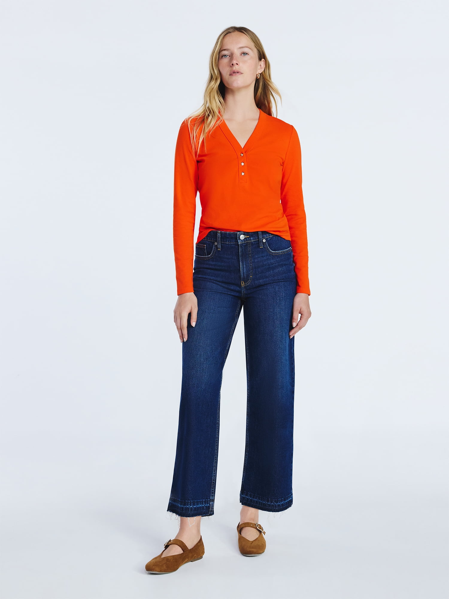 Free Assembly Women's V-Neck Henley with Long Sleeves, Sizes XS-XXL