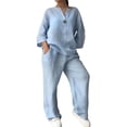 thumbnail image 3 of Womens Cotton Linen 2 Piece Sets V Neck Button Down Long Sleeve Shirt Wide Leg Trouser Sets with Pockets Light Blue 5XL, 3 of 7