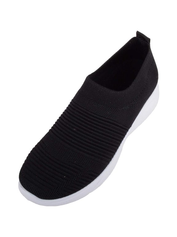 Womens Slip On Lighweight Knitted Style Casual Trainers Pumps Shoes with Constrating Sole - Black - US 10