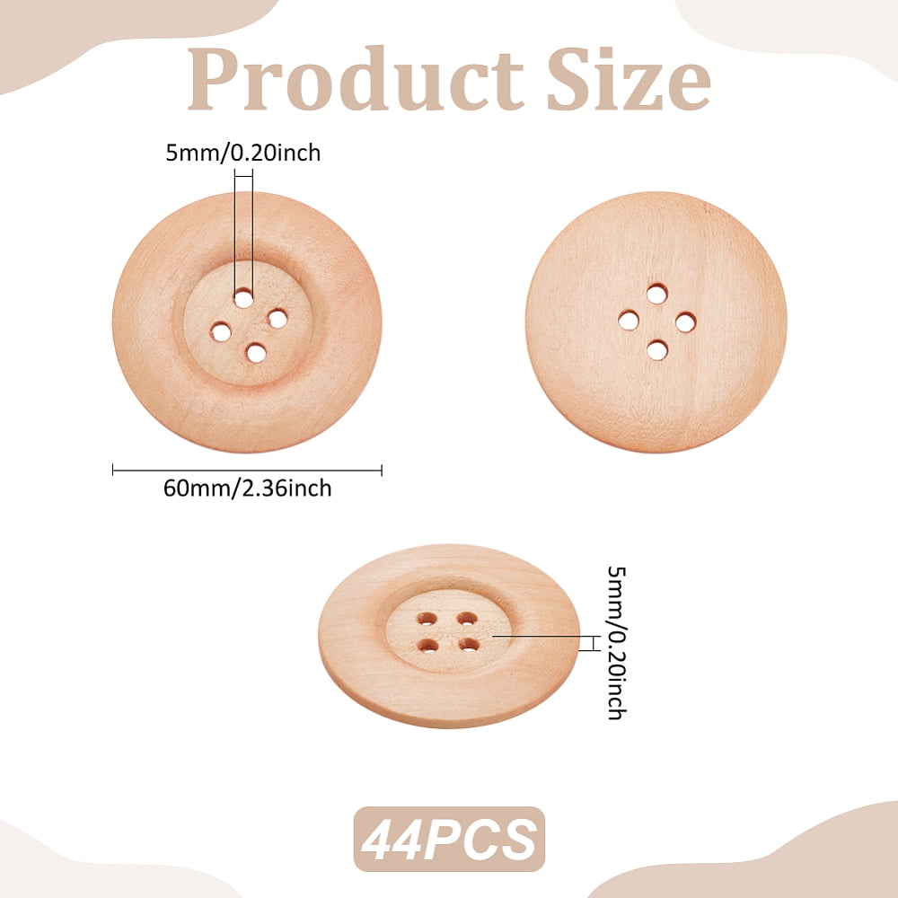 44Pcs Wood Buttons 4-Hole Flat Round White 60x5mm Hole: 5mm