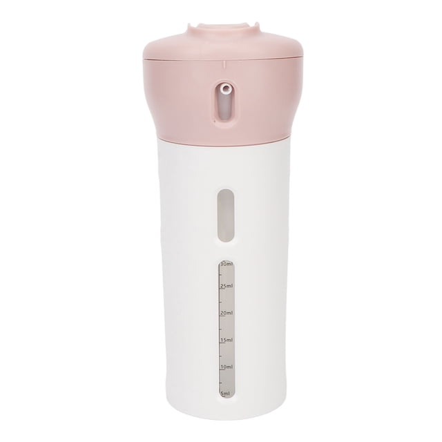 Dispensador de viaje 4 en 1, portátil, recargable y a prueba de fugas, con adhesivo para perfume, champú y acondicionador, color rosa.