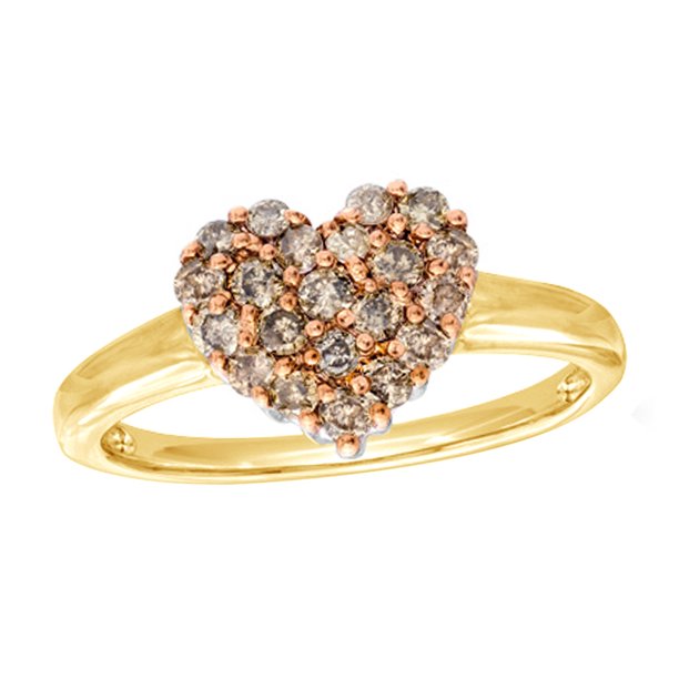 Jewel Zone US Champagne Natural Diamond Heart Ring in 10k Yellow Gold