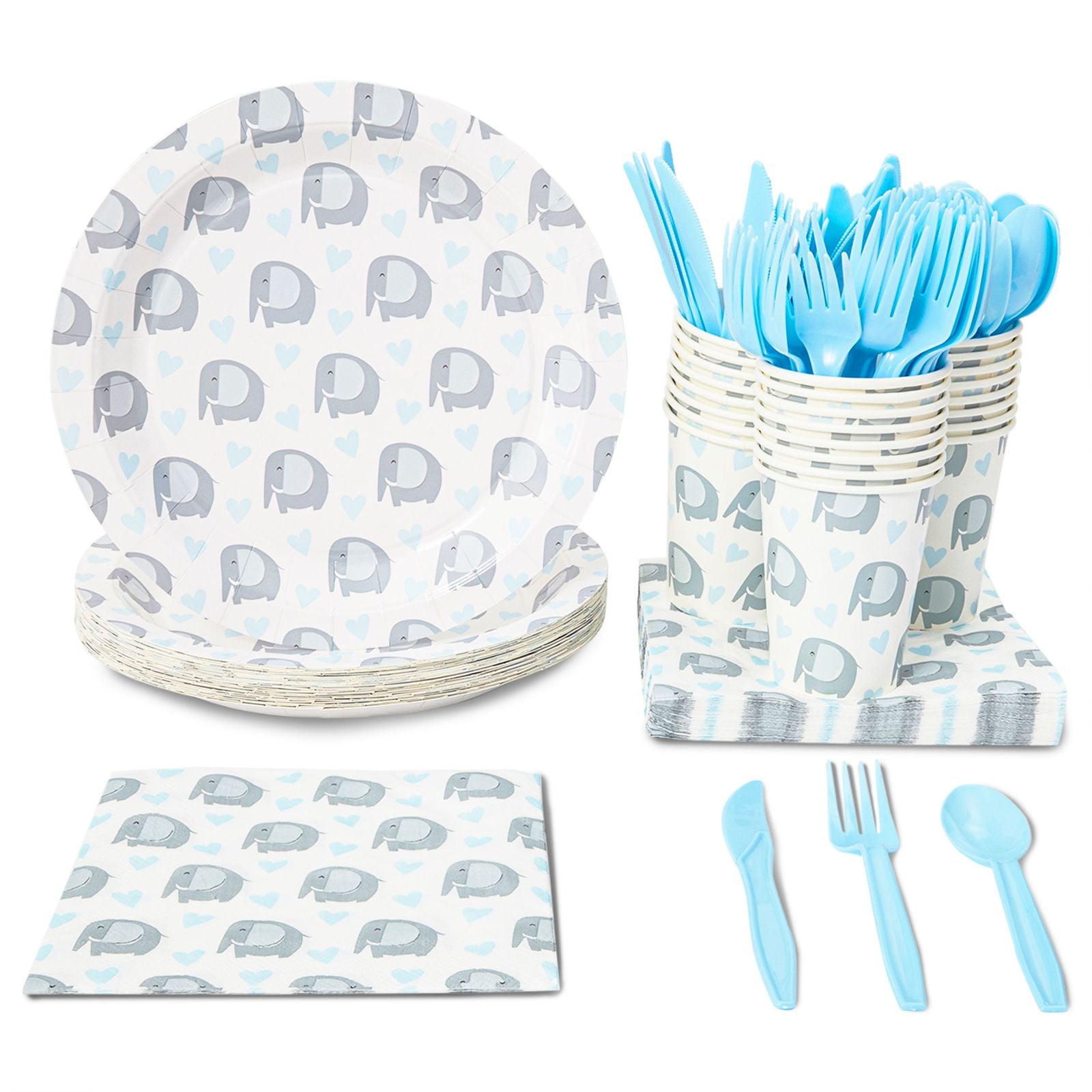 Elephant Baby Shower for Boys Theme Supplies, Birthday Party Decorations, Plates, Napkins, Cups & Cutlery (24 Guests,144 Pieces)