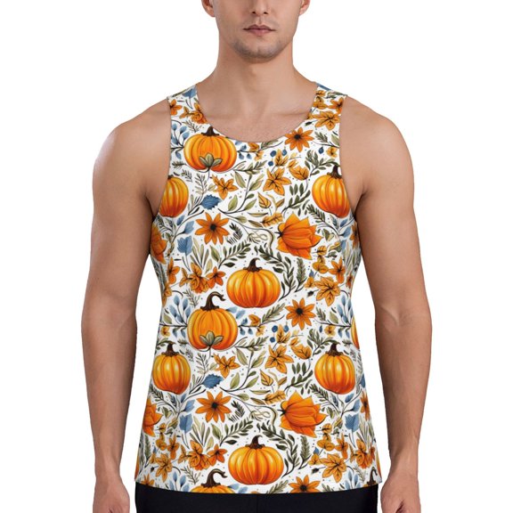 Fotbe Autumn Pumpkin Blossoms Pattern Men's Quick Dry Workout Tank Top Gym Muscle Tee Fitness Bodybuilding Sleeveless T Shirt Breathable Workout Shirt-XX-Large