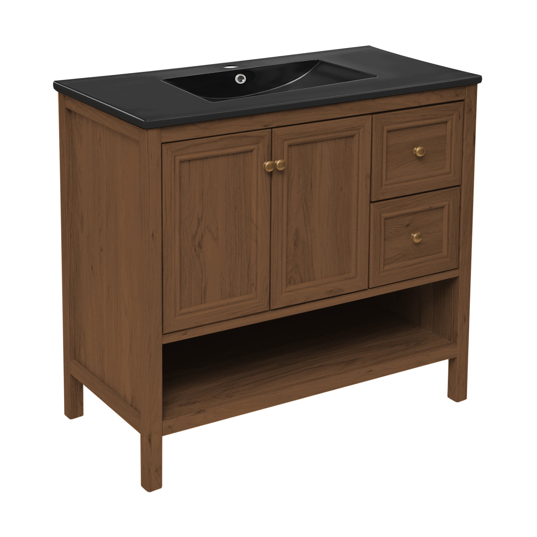 Chateau 36" Freestanding Bathroom Vanity in Brown Oak with Black Sink Top