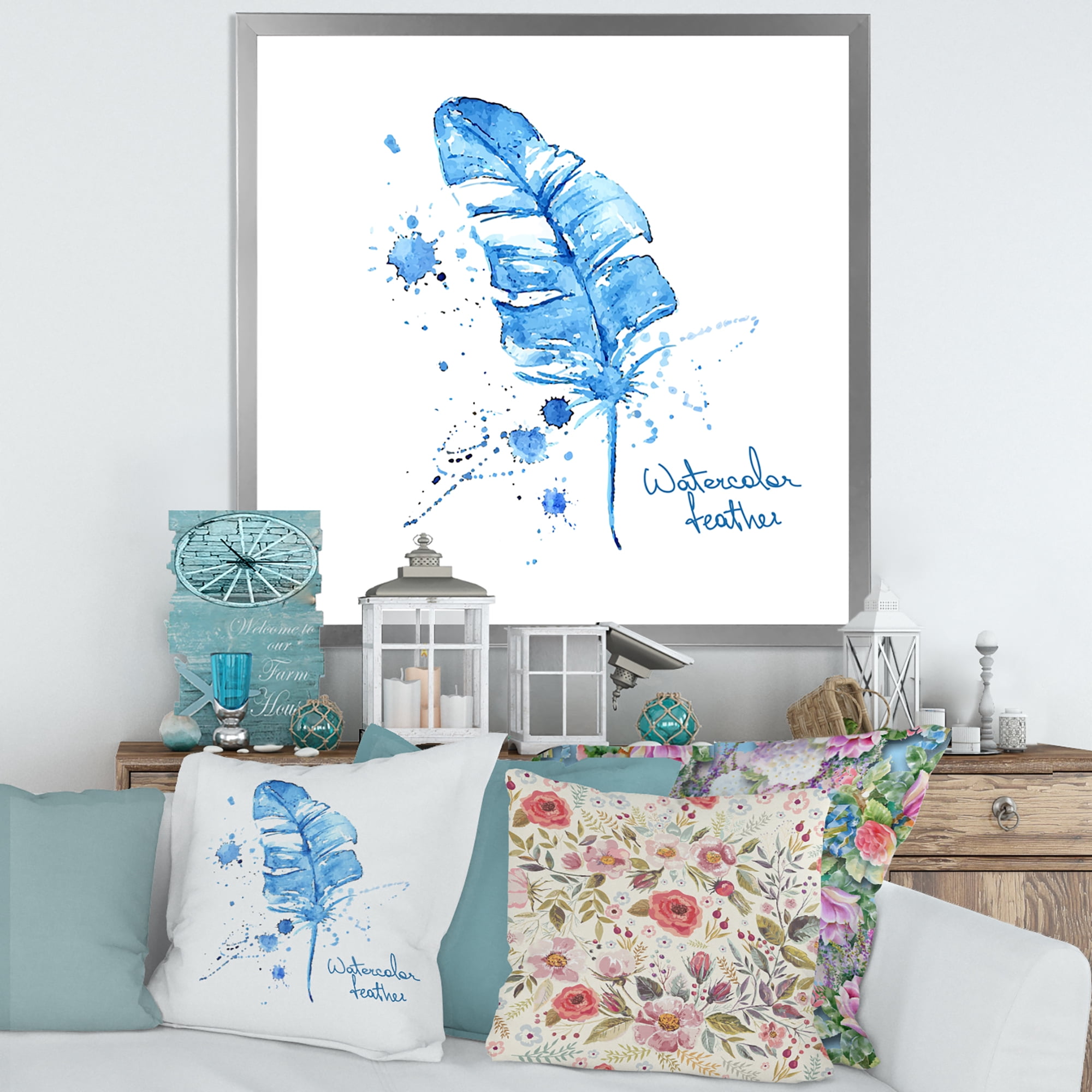 Designart 'Ethnic Blue Feather On White' Bohemian & Eclectic Framed Art Print