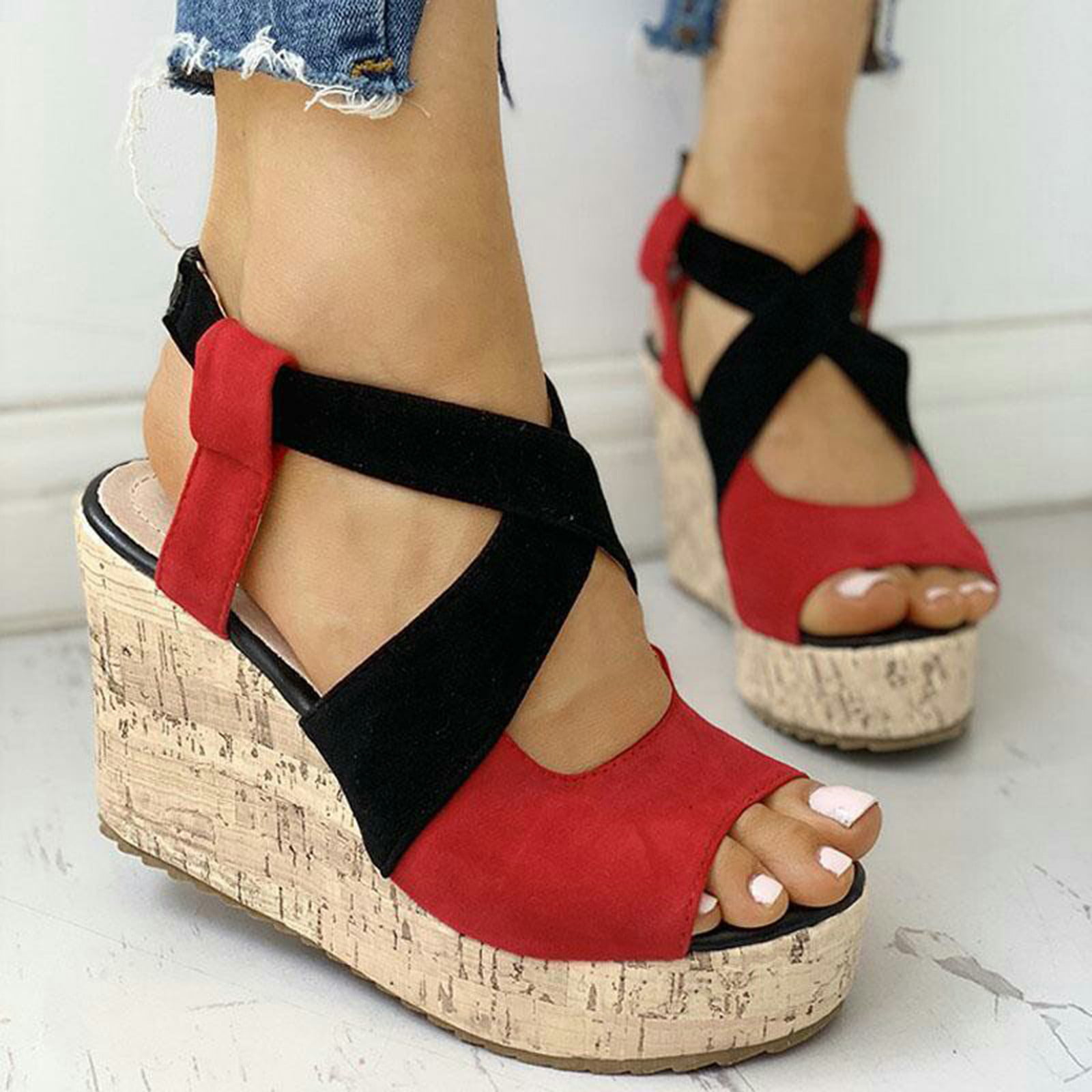 Jsaierl Women Summer Ankle Boots Wedge Sandal Dress Sandals Slip on Open Toe Platform Sandals Shoes, Women's, Size: 9, Red