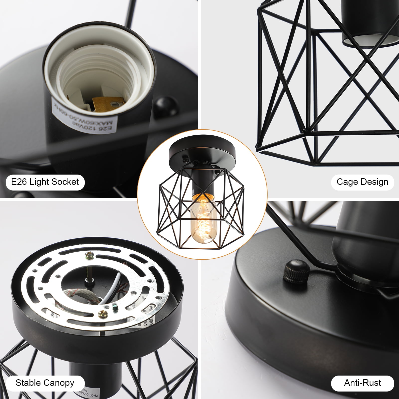 Industrial Metal Cage Flush Mount Ceiling Light Fixture - E26 for Kitchen and Bedroom Lighting
