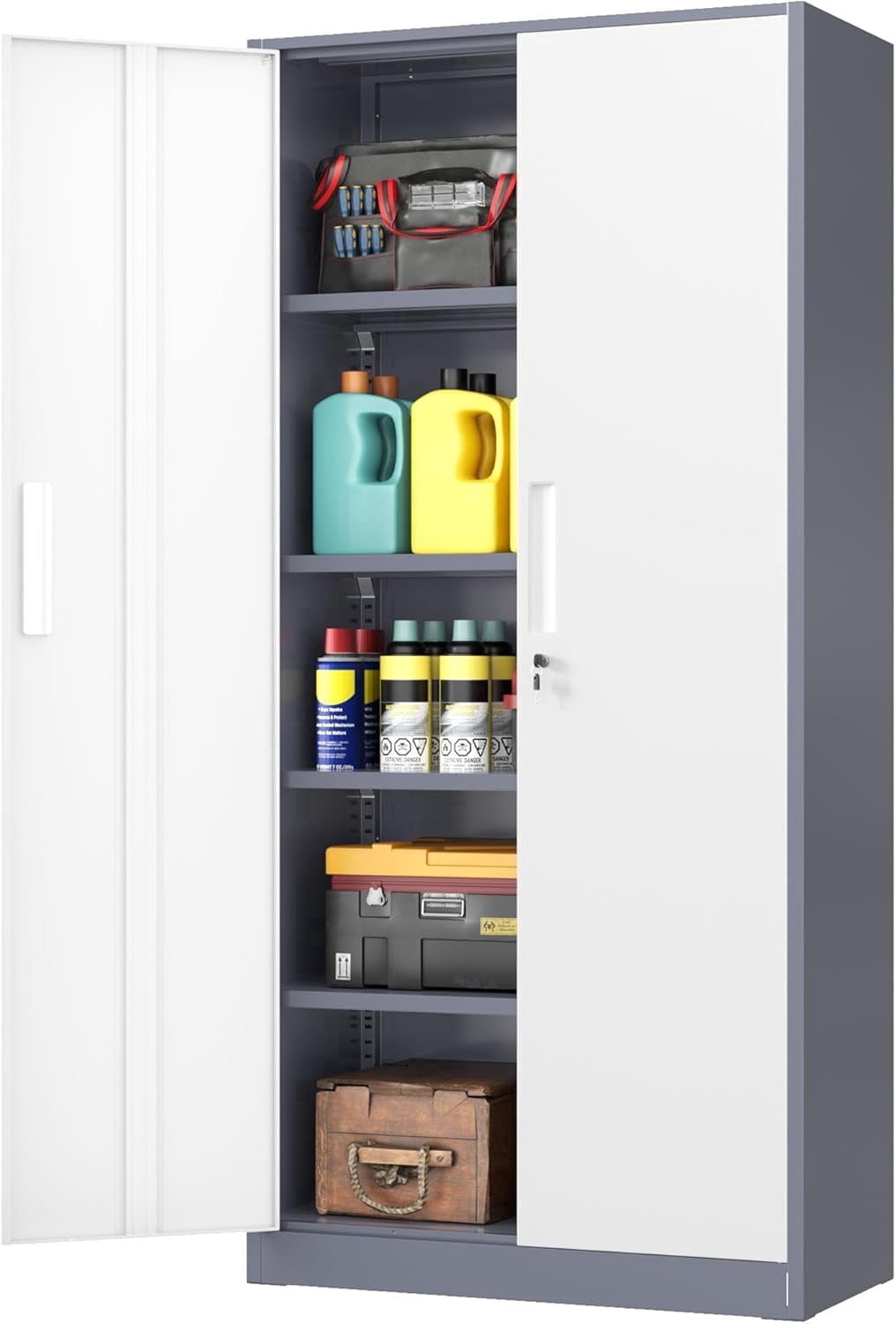 SOLAURA Metal Storage Office Cabinets with Locking Doors and Adjustable Shelves, 71 inch Tall Steel Storage Cabinet for Office, Home (Gray White)