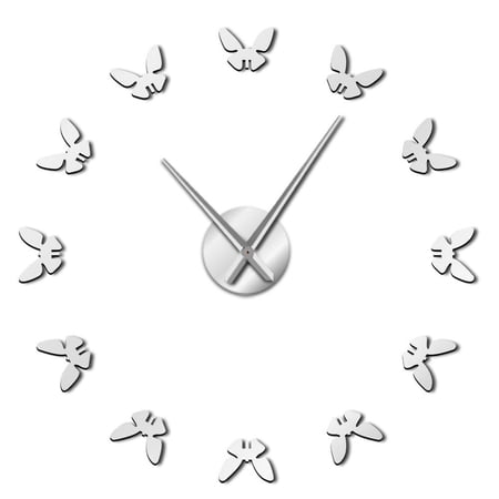 Little Butterfly Silouette Frameless Wall Clock Stickers, DIY Modern Decorative Clocks for Living Room, Bedroom, Office - Easy to Install, Large 3D Clock Design (Silver,37in)
