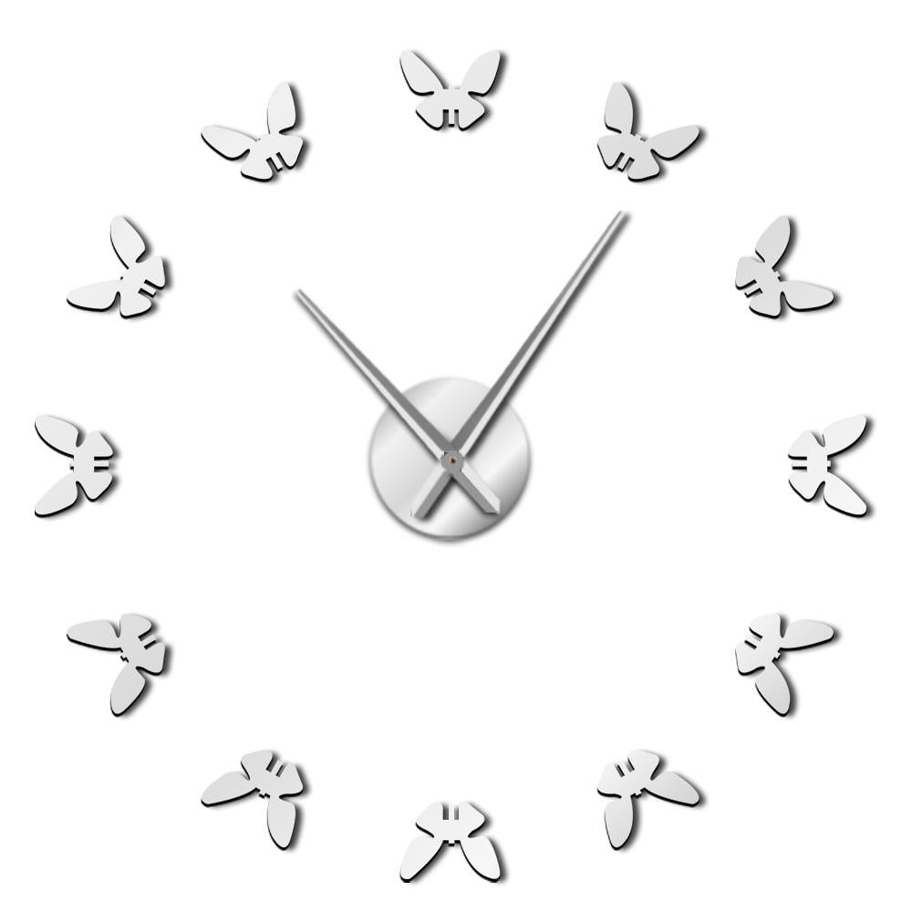 Little Butterfly Silouette Frameless Wall Clock Stickers, DIY Modern Decorative Clocks for Living Room, Bedroom, Office - Easy to Install, Large 3D Clock Design (Silver,37in)