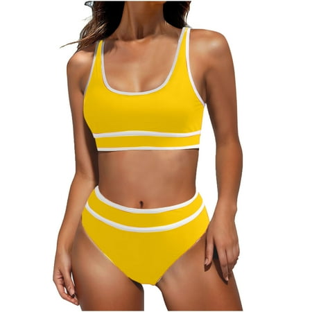 RQYYD Women s High Waisted Bikini Sets Sporty Two Piece Swimsuits Color Block Cheeky High Cut Bathing Suits
