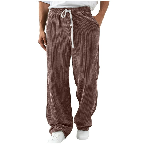 Ceisia Men Solid Color Corduroy Straight Leg Pants Elastic Waist Drawstring Gift Casual Trousers