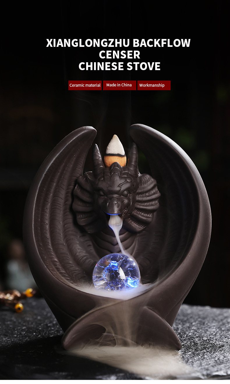 Creative Purple Sand Bat Pterosaur Backflow Incense Burner with LED Light Aromatherapy Furnace Holder Home Craft Ornaments