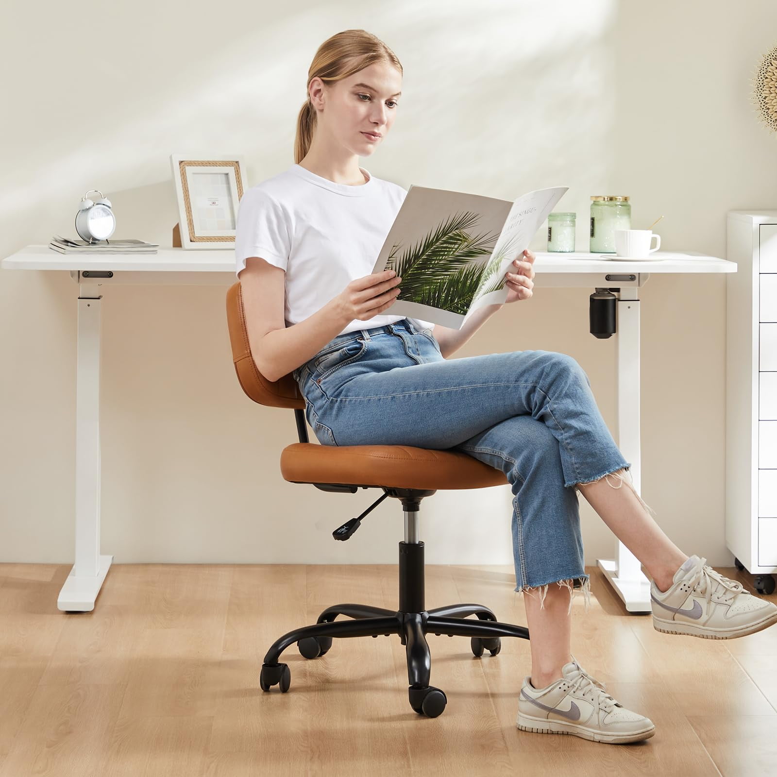 edx Adjustable Height Armless Office Desk Chair with Wheels, PU Leather Mid Back 360°Swivel Small Computer Chair, Modern Task Chair for Home Office Reading Meeting Room, Brown