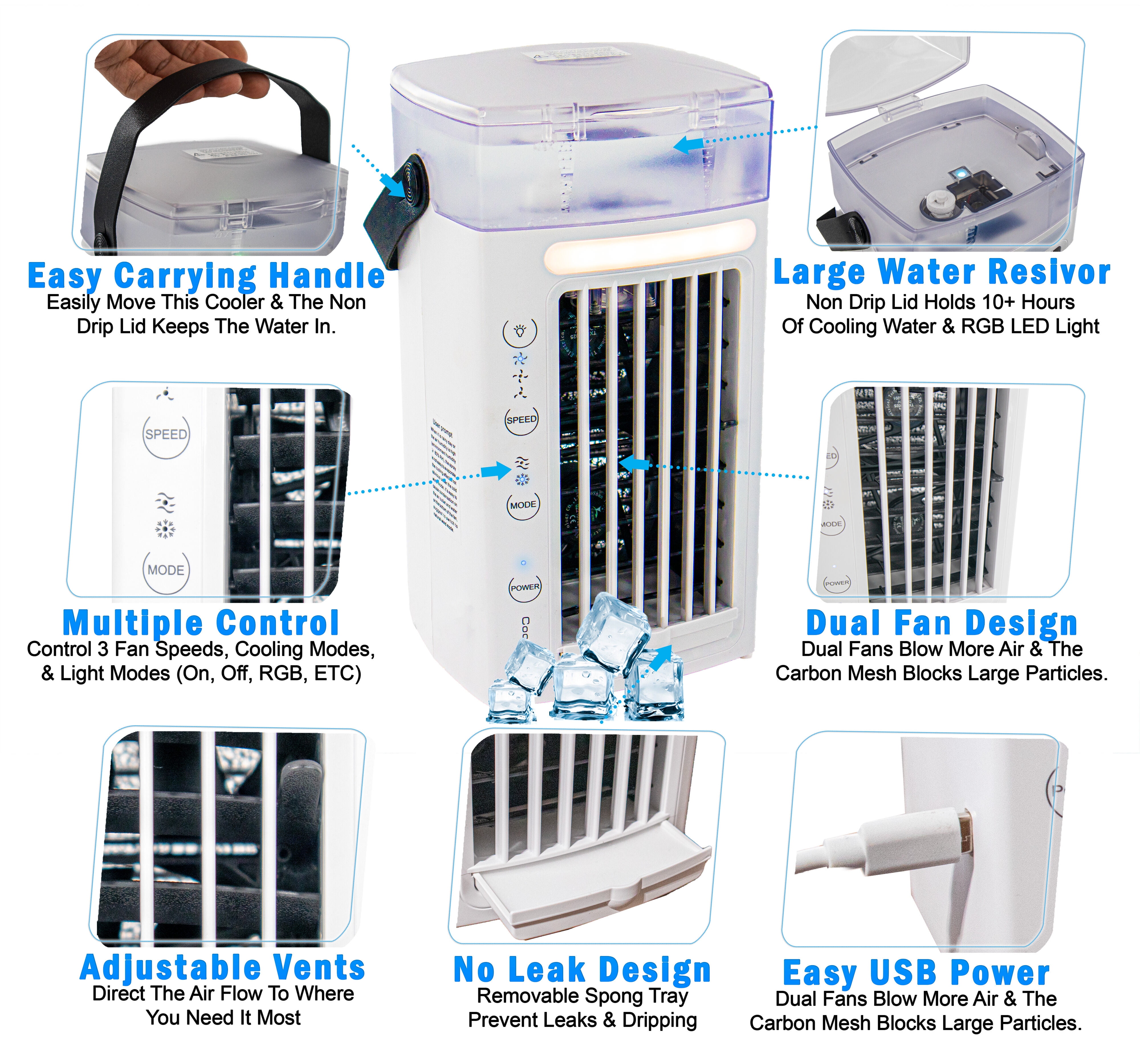 Portable Air Conditioner - Personal Space 3-in-1 Evaporative Air Cooler Compact Desk Humidifier, Mobile Mini AC, and Dual Fans - 3 Adjustable Speeds and 7 LED Lights - Ideal for Home or Office