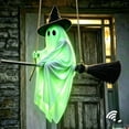 thumbnail image 3 of Aurorax Early Halloween Decorations Outdoor,Hanging Ghost Decor,Flying Ghost on Broomstick with Witch Hat Remote Control 5ft Light-Up Spooky Cute for Front Porch Yard Tree Green, 3 of 7