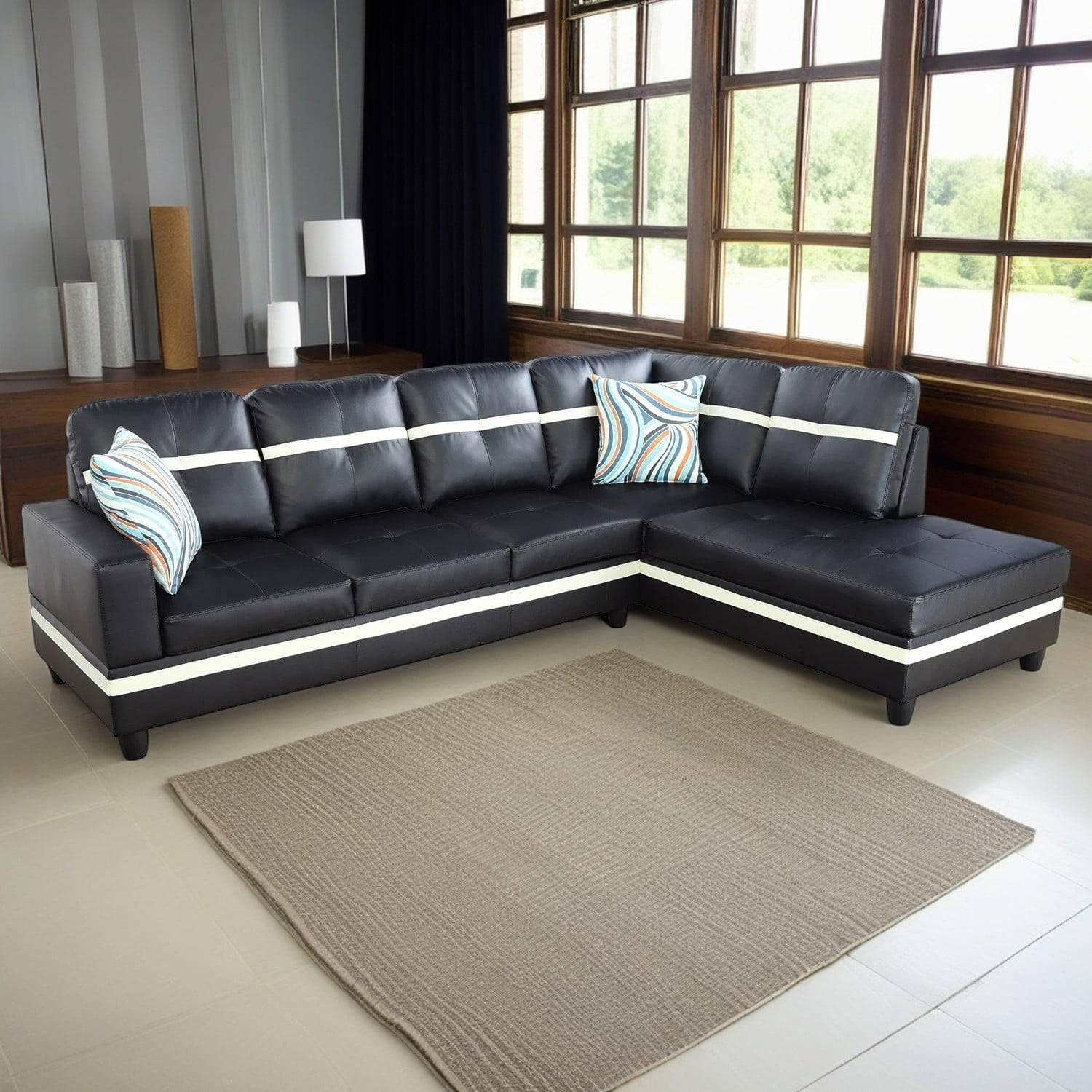 Hommoo L Shaped Sectional Couches and Sofas, 4-Seat Semi Semi PU Synthetic Leather Sectional Sofa Sets with Waistline, Modern Living Room Furniture Sets, Black and White(No Ottoman)