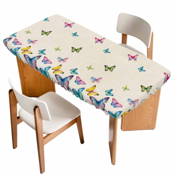Vintage Colorful Butterfly Table Cloths for 4 Foot Rectangle Tables, Watercolor Butterflies Rustic Patio Waterproof Elastic Fitted Tablecloths, Washable Rectangular Table Cover for Camping