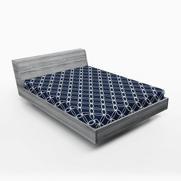 Ambesonne Navy Fitted Sheet, Trellis Inspired Circles, Full Size, Indigo and White