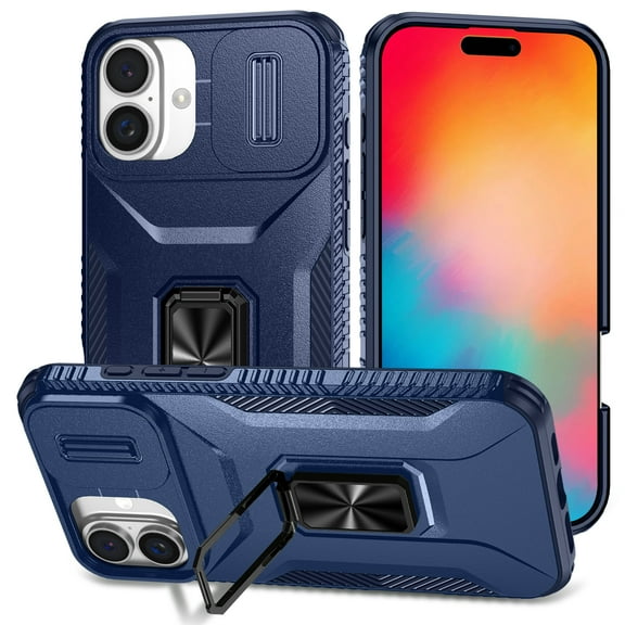 for iPhone 16 Plus Case with Sliding Camera Cover, [Drop Protection] [Magnetic Rotated Kickstand] Military Grade Shockproof Heavy Duty Cover for iPhone 16 Plus, Blue
