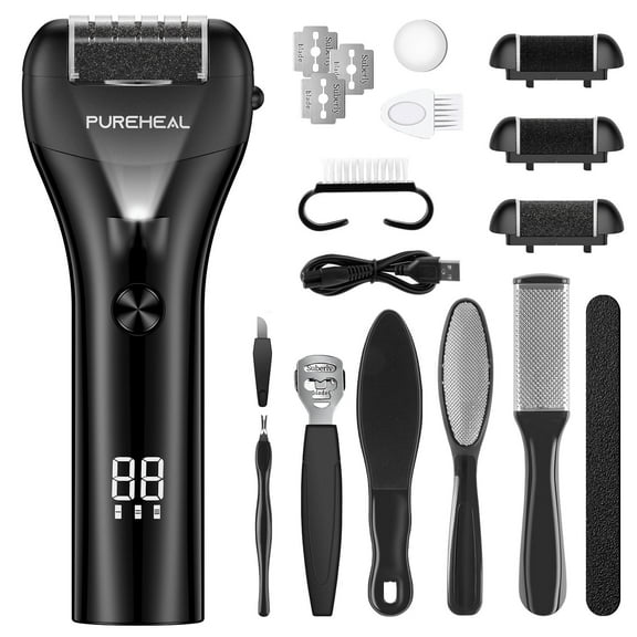 Pureheal Electric Callus Remover for Feet, Portable 13 in 1 Pedicure Foot File Kit with 3 Roller Heads, 3 Speed, IPX4 Waterproof, USB Fast Charging and Battery Display