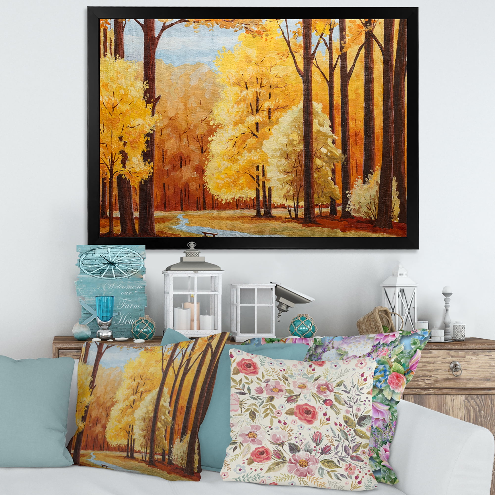 Designart 'Orange Autumn Trees At Sunrise' Farmhouse Framed Art Print
