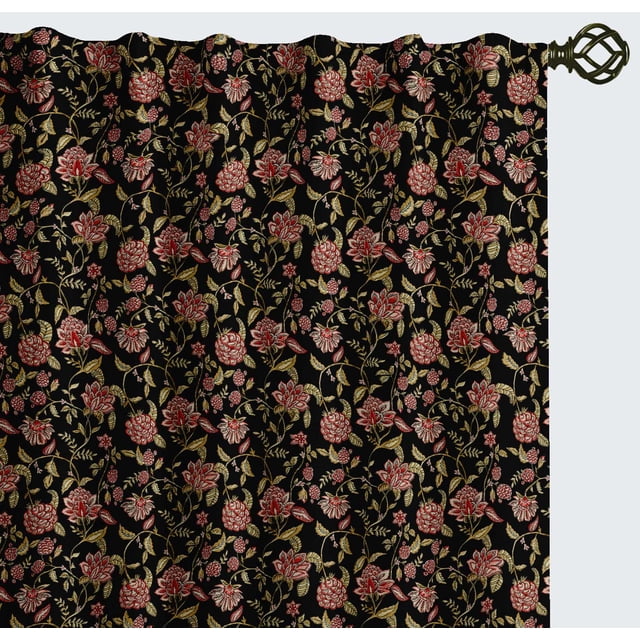 Vargottam 84 Inch Rod Pocket/Back Tab Cotton Curtains for Windows and Doors- Light Filtering Cotton- Light Filtering Drapes For Doors- Set of 2 Panels, 52"x84"- Botanical Flowers Print (Black)