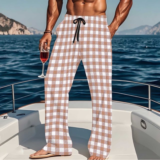 Pantalones de pijama largos para hombre, informales, con estampado a cuadros, holgados, deportivos, elásticos, rectos, vintage, con bolsillos