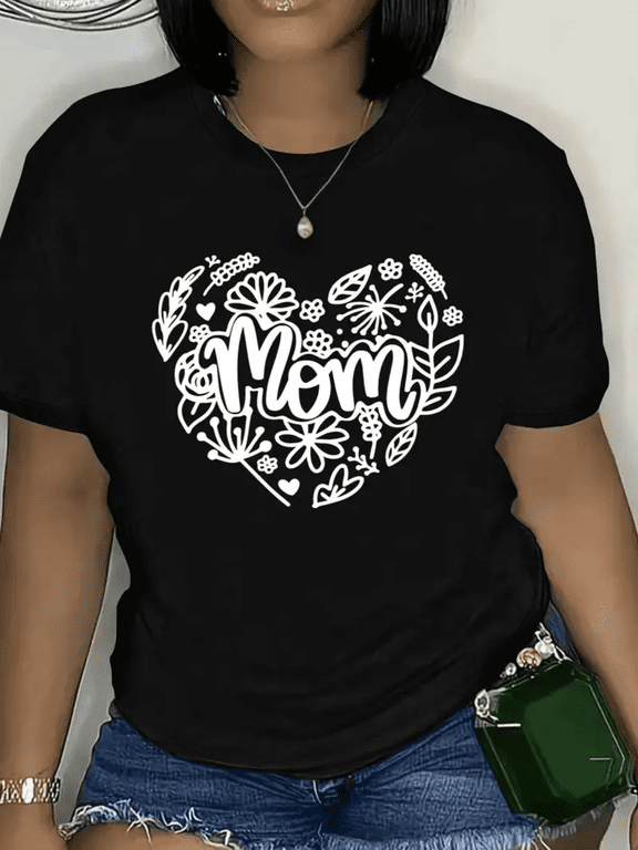 Chic "MOM" monogram printed Heart T-shirt - dark gray short-sleeved crew neck women's casual top, plus size, spring/summer collection, Mother's Day gift | heart print shirt