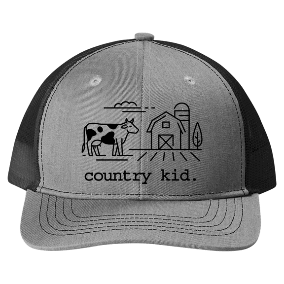 Trenz Shirt Company Youth Embroidered Mesh Back Trucker Hat - Country Kid, Cow, Barn Design, Heather/Grey/Black
