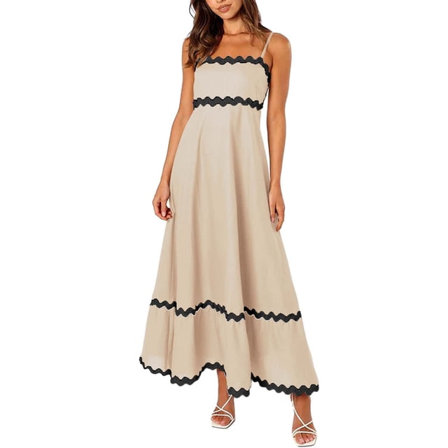 WTXUE Robes Maxi en Liquidation, Robe Nuisette Sans Manches Élégante à Encolure Carrée, Femmes 2024 Été Robe Longue Fluide à Étages Type Camisole Unie Vestidos Casuales Para Mujer Verano Maxi Women, Beige+M(US:6-8)
