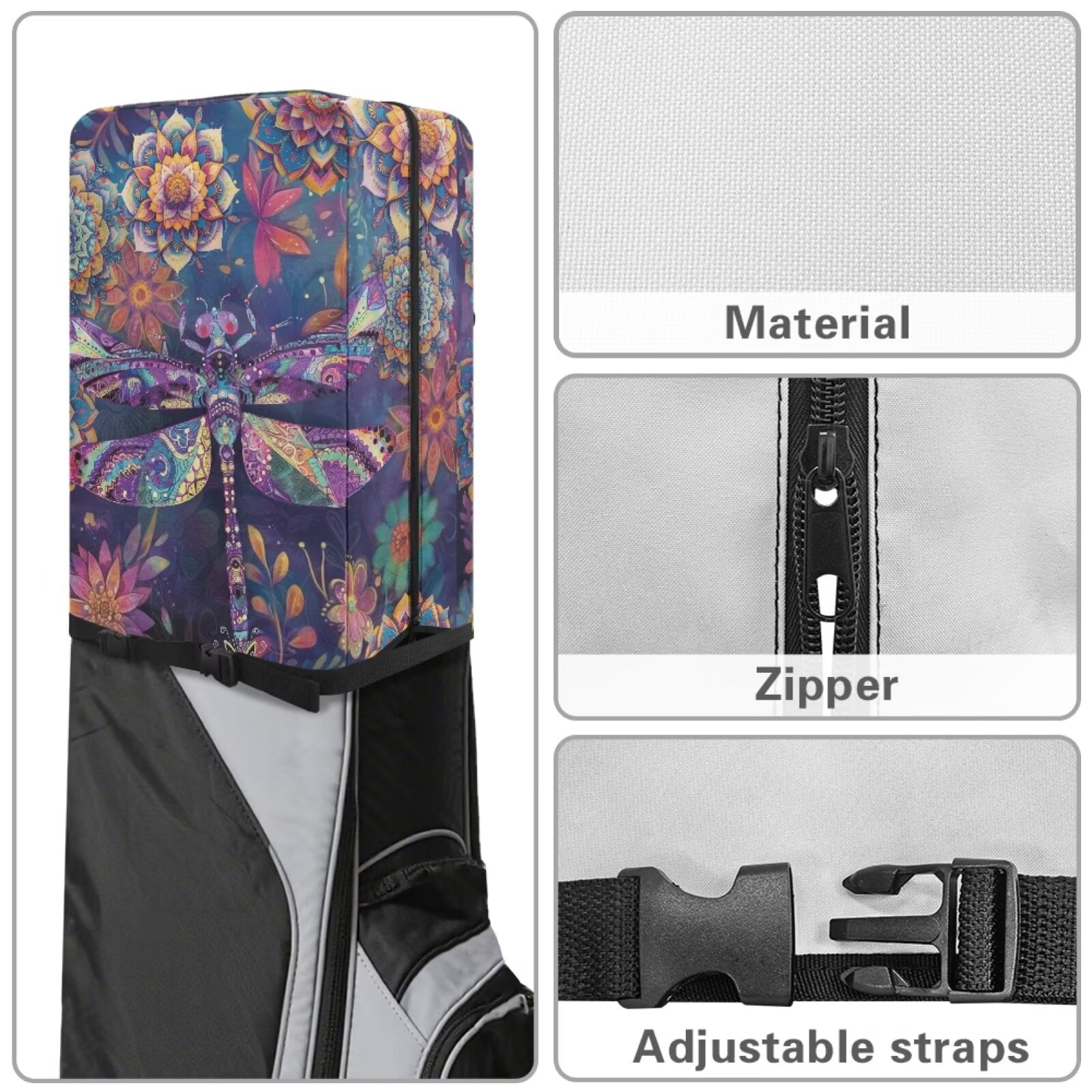 Chririnla Boho Mandala Dragonfly Golf Bag Dust Cape Club Protection Cape with Snap Button & Zipper Waterproof & Dustproof for All Weather