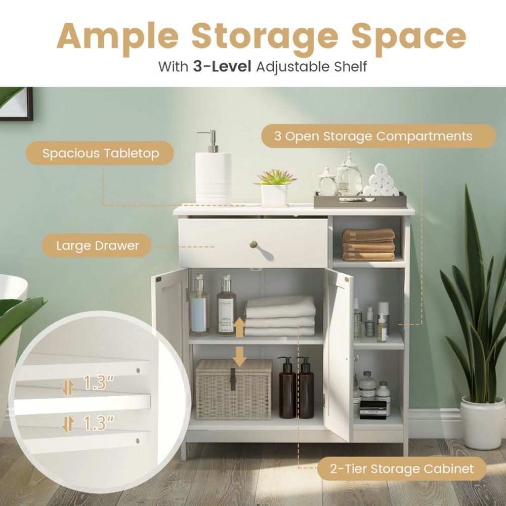 Finihen Storage Cabinet, Floor Cabinet, Freestanding Kitchen Cupboard Storage Organizer with 1 Large Drawer, for Bathroom, Living Room, Bedroom, Kitchen, White