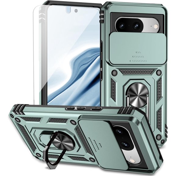 for Google Pixel 8 Case with Slide Camera Cover HD Screen Protector [ Grade 16ft. Drop Tested]  Ring Holder Kickstand Protective Phone Case for Google Pixel 8 (6.2 inch), Dark Green