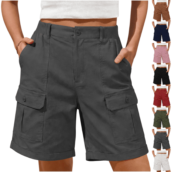 Cargo Shorts Women Bermuda Knee Length Long Hiking Pull on Shorts with Pockets Elastic Waist for Summer Casual Trendy Gray XL