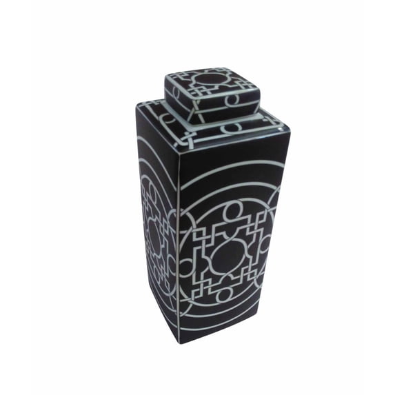 Black Ceramic Covered Decorative Jar With White Strips