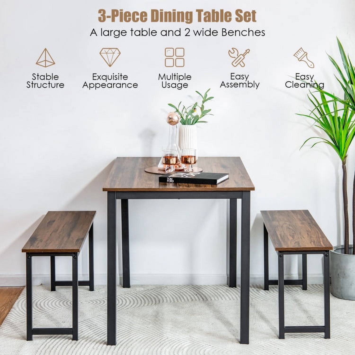Finihen Dining Set, Dining Table Set, 3 Pieces Dining Table Set with 2 Benches for Dining Room Kitchen Bar, Brown Finihen Dining Set, Dining Table Set, 3 Pieces Dining Table Set with 2 Benches for Dining Room Kitchen Bar, Brown