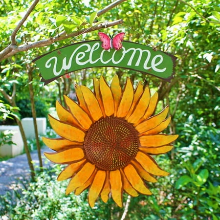- 15 inch Tall Handcrafts Sunflower Welcome Sign Vintage Iron Hanging Decorative Butterfly Yard Front Door Porch Bar Cafe Shop Store Décor Outdoor Wreath