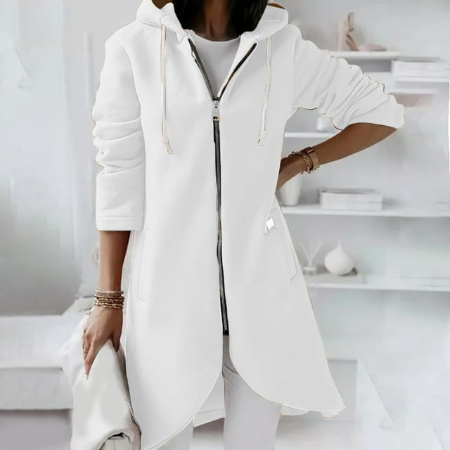 LOVZFMLL Jackets for Women's Solid Color Hoodie Zipper Long Sleeve Sweatshirts Irregular Hem Long Coat Tops With Pockets