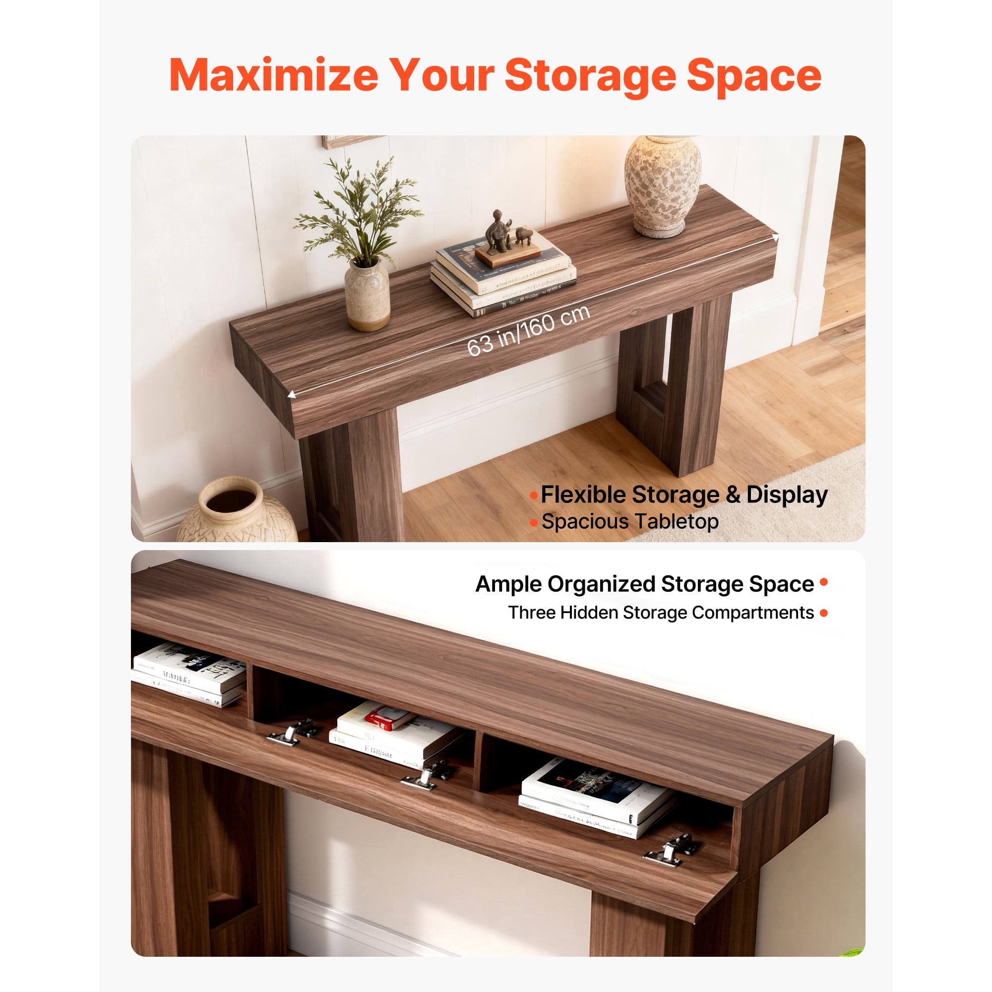 KFFKFF 63-inch Console Table, Wooden Rectangular Entryway Desk, Farmhouse-Style Sofa Table for Hallway, Bedroom, Living Room, or Foyer, Easy to Assemble, Brown